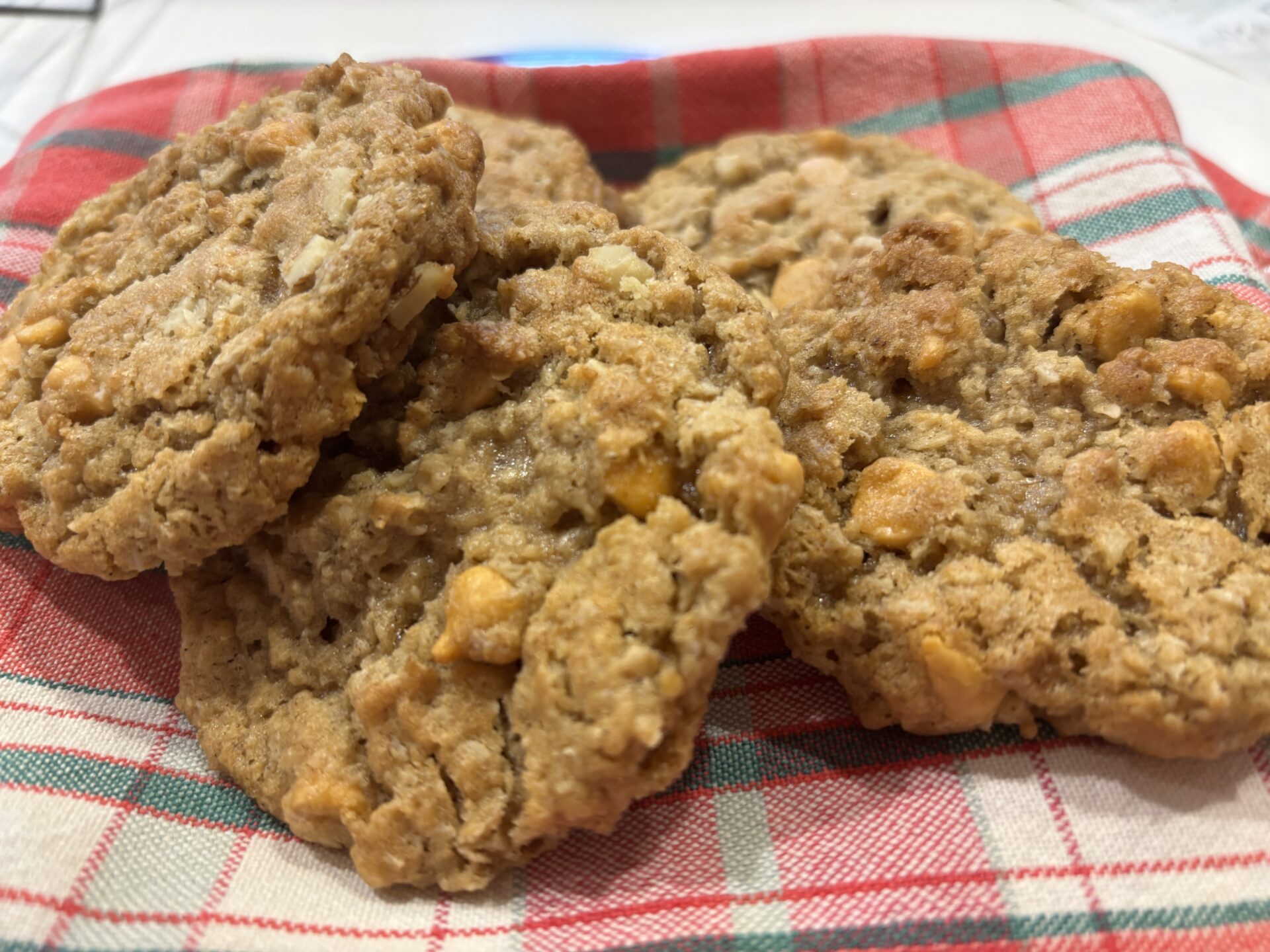 Oatmeal Butterscotch Cookies resting on a tea towel