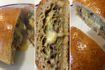 Kansas Bierocks showing the cheesy melty inside