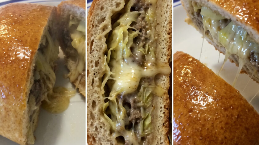 Kansas Bierocks showing the cheesy melty inside