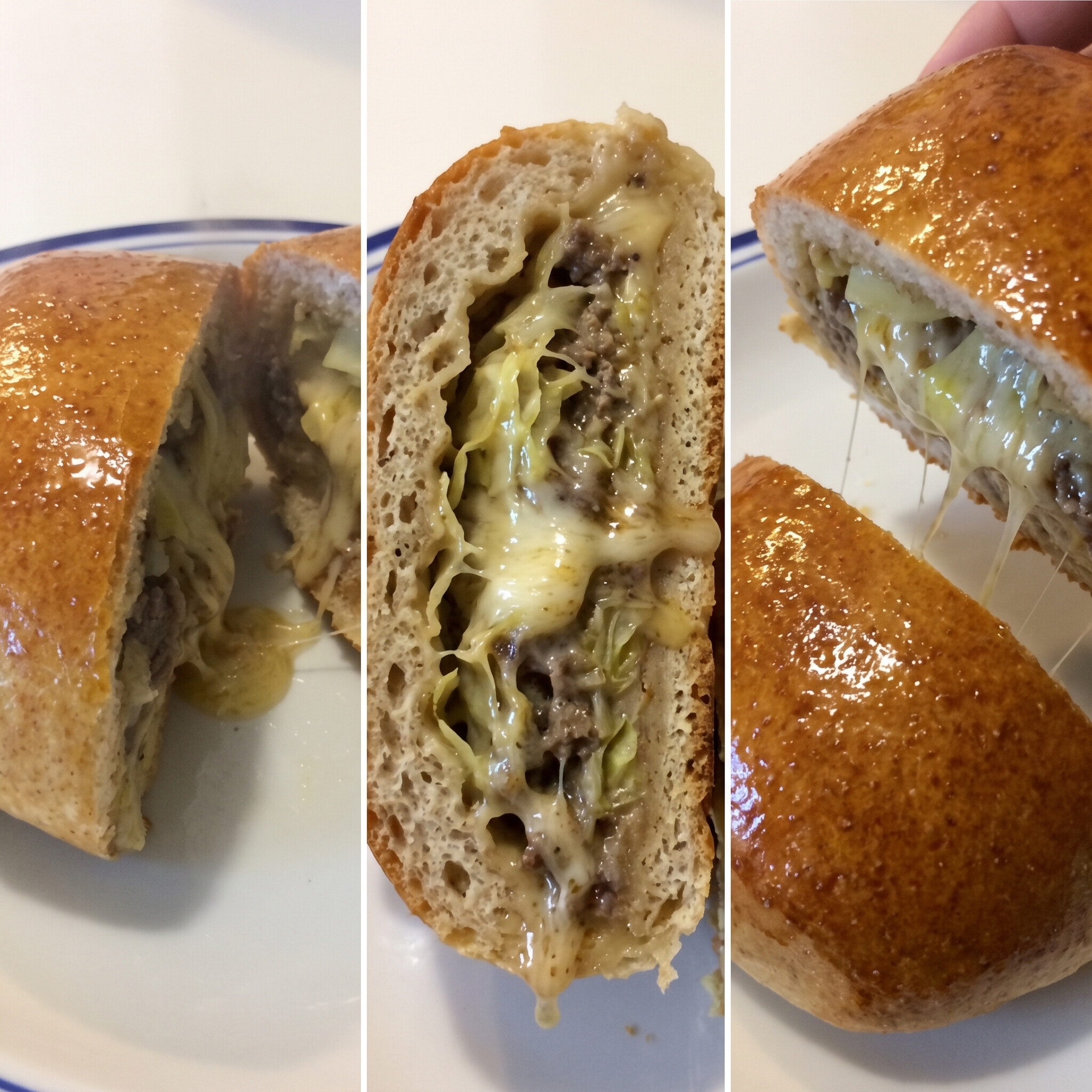 Kansas Bierocks showing the cheesy melty inside