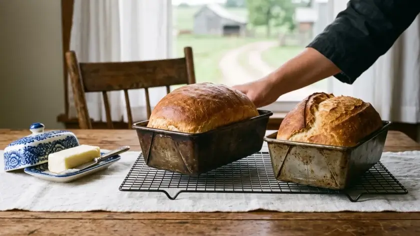 Amish White Bread in bread pans sitting on a wooden table