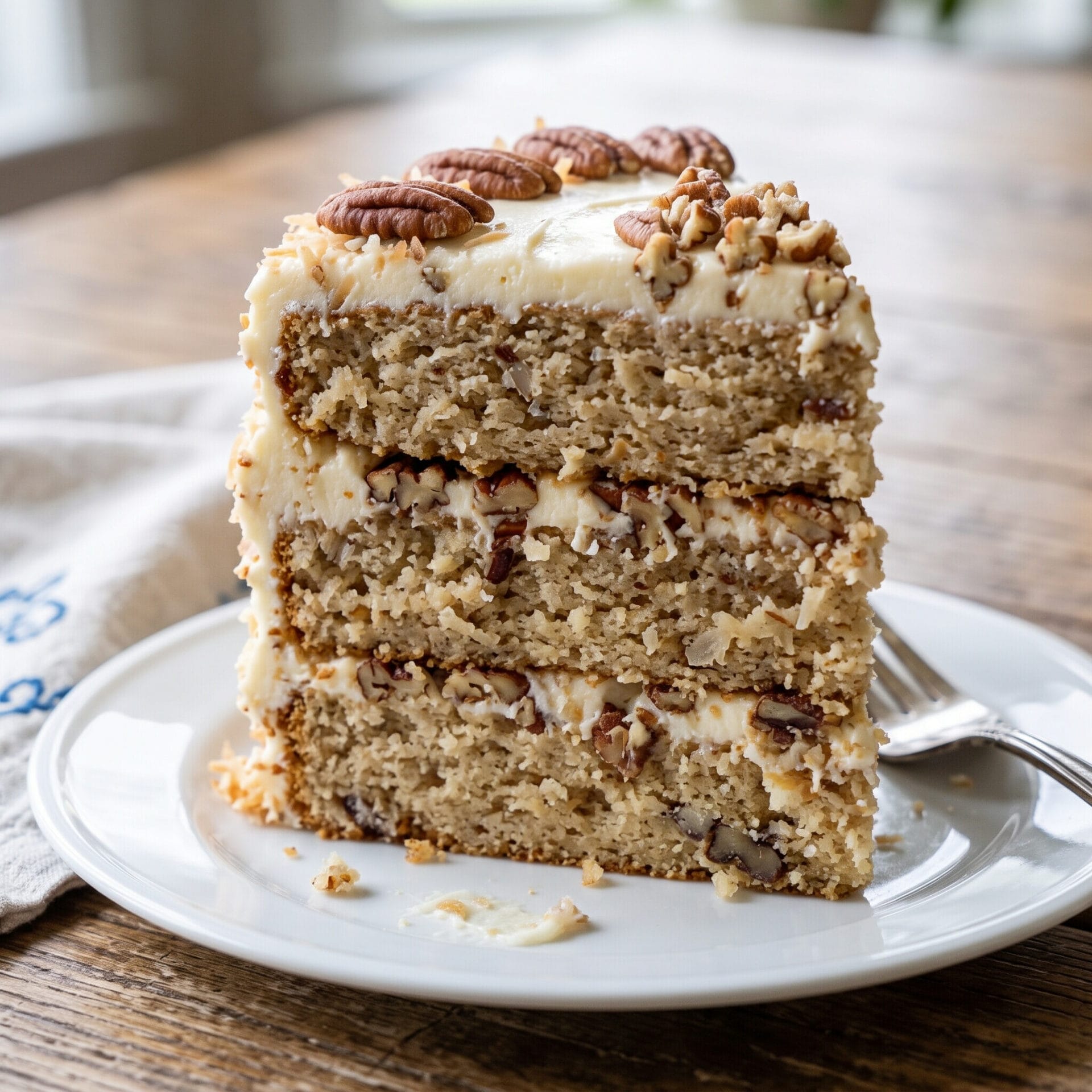 Italian Cream Cake on a plate with fork