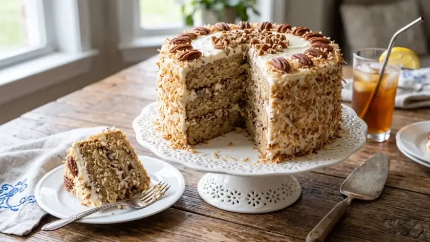 Italian Cream Cake on a cake stand with slice cut out